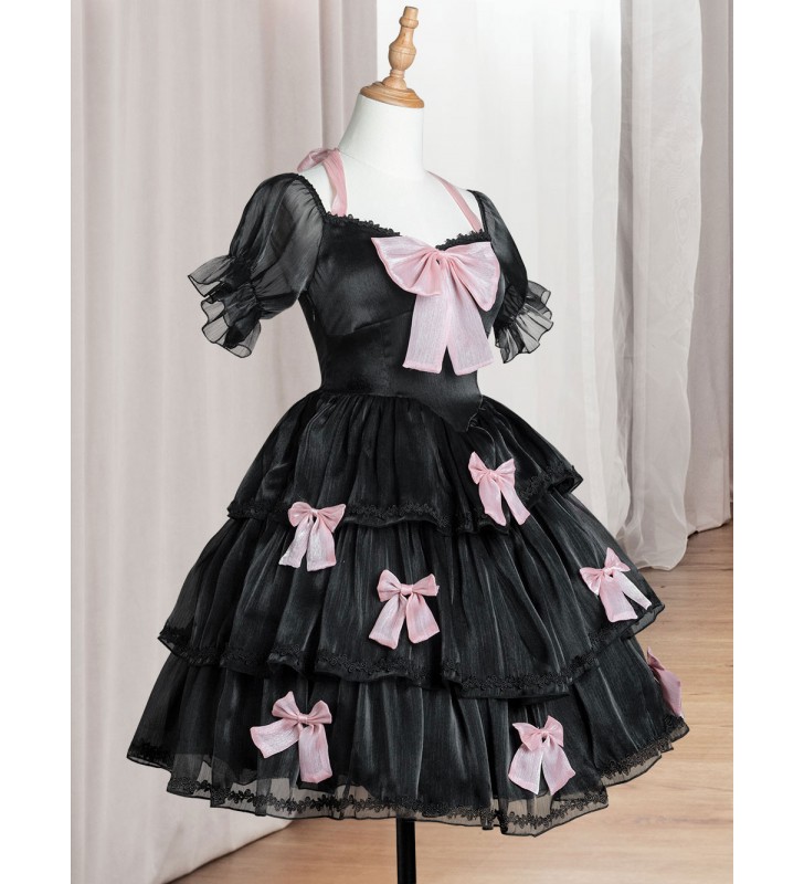 Dulce Lolita Vestido Poliéster Mangas Cortas Encaje Lazos Volantes Negro Lolita Vestido De Una Pieza Carnaval
