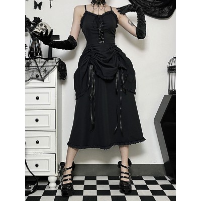 Vestido Gótico Negro Vestido Plisado De Espagueti Lolita Halloween Carnaval Halloween