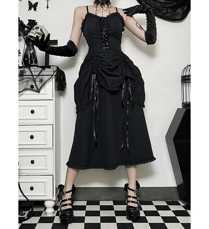 Vestido Gótico Negro Vestido Plisado De Espagueti Lolita Halloween Carnaval Halloween