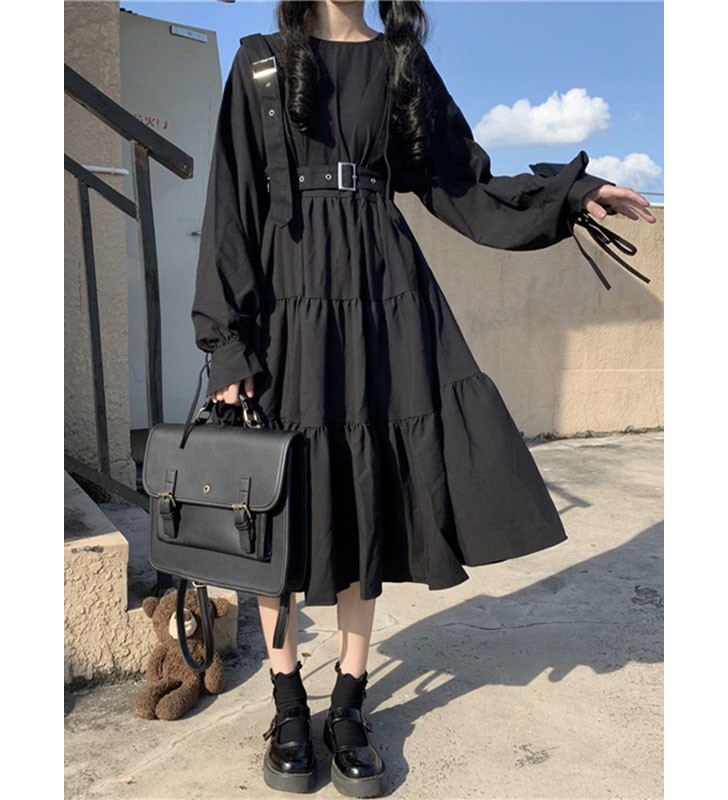 Vestido Gótico Lolita OP Vestido Negro De Manga Larga Con Volantes Poliéster Lolita Vestido De Una Pieza Halloween