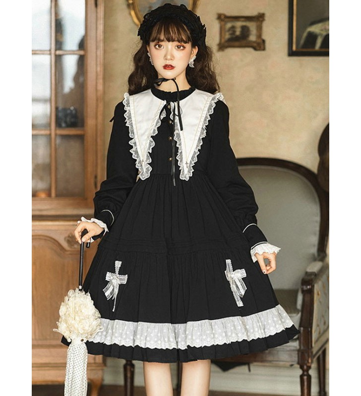 Vestido Gótico Lolita OP Manga Larga Lazos Estampado Floral Patrón Algodón Negro Lolita Vestido De Una Pieza Halloween