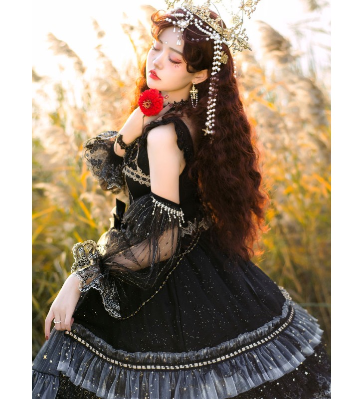 Sweet Lolita JSK Dress Conjunto De 3 Piezas Lazos Con Cordones Tul Poliéster Negro Lolita Jumper Faldas Halloween