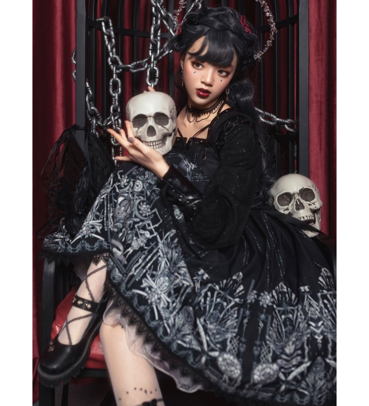 Gothic Lolita OP Dress Conjunto De 2 Piezas Sin Mangas Poliéster JSK Dark Lolita Jumper Falda Traje Carnaval Halloween Carnaval Halloween