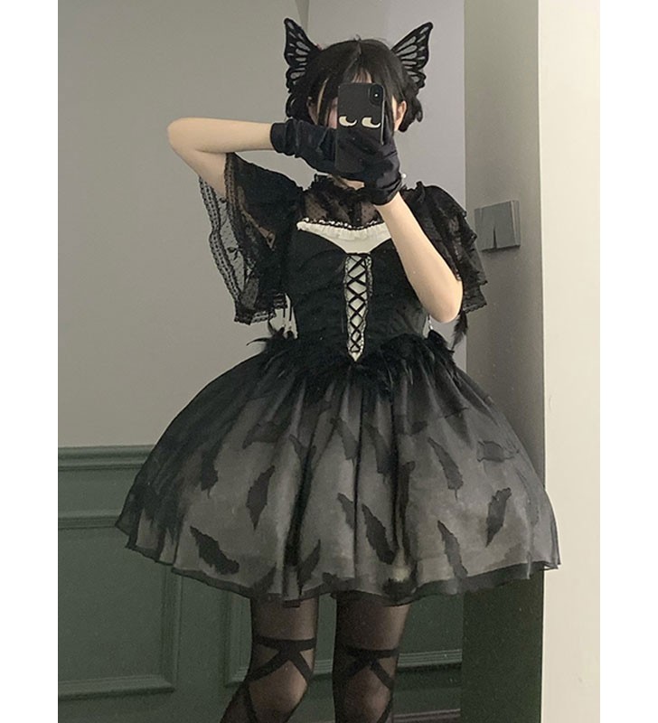Vestidos De Lolita Gótica Encaje Estampado Floral Negro Negro Carnaval Halloween