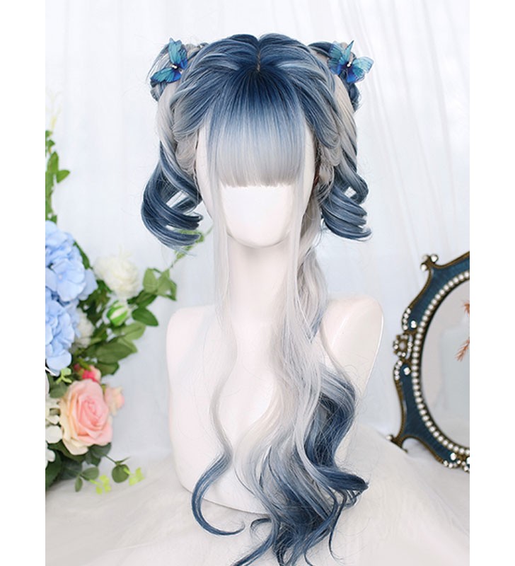Harajuku Fashion Lolita Wigs Blue Long Fibra Resistente Al Calor Destacando Los Accesorios De Lolita Para El Cabello Carnaval