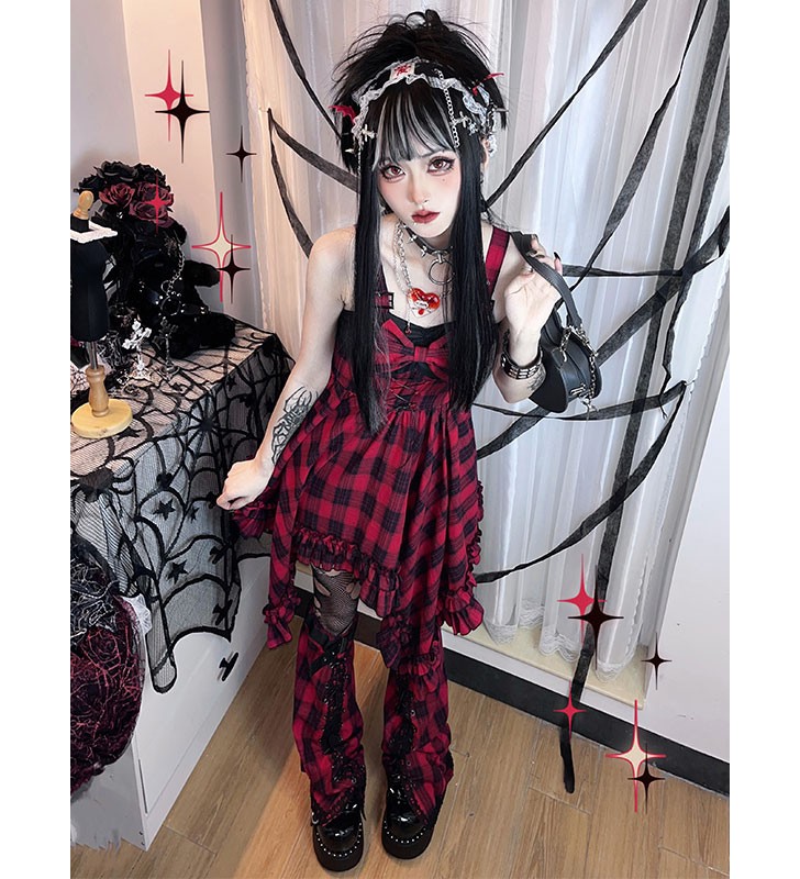 Preventa Vestido Gótico De Lolita Volantes Con Cordones Arcos A Cuadros Sin Mangas Rojo Lolita Jumper Faldas Halloween
