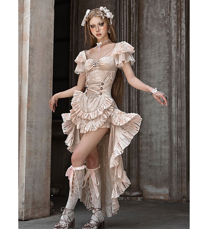 Faldas De Lolita Con Estampado Floral De Albaricoque Claro Con Volantes Steampunk Lolita SK Halloween Halloween