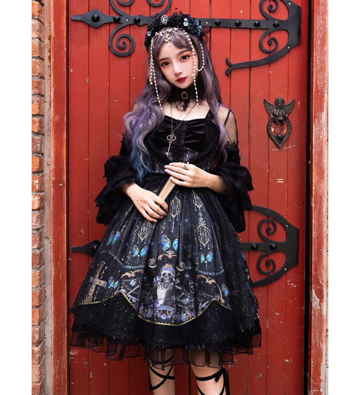 Gothic Lolita OP Dress Cascading Ruffles Bows Black Skeleton Long Sleeves Lolita Vestidos De Una Pieza Halloween Carnaval Halloween Carnaval Halloween